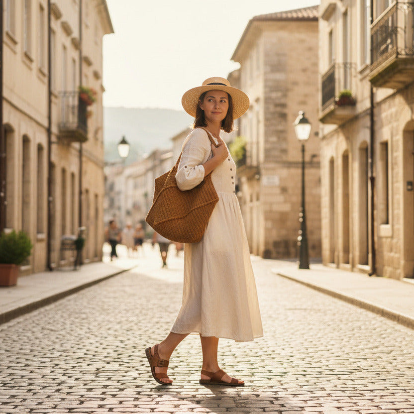 femme qui se balade dans une rue en pierres portant un sac couleur caramel de forme carrée fabriqué artisanalement. anses larges et confortables
