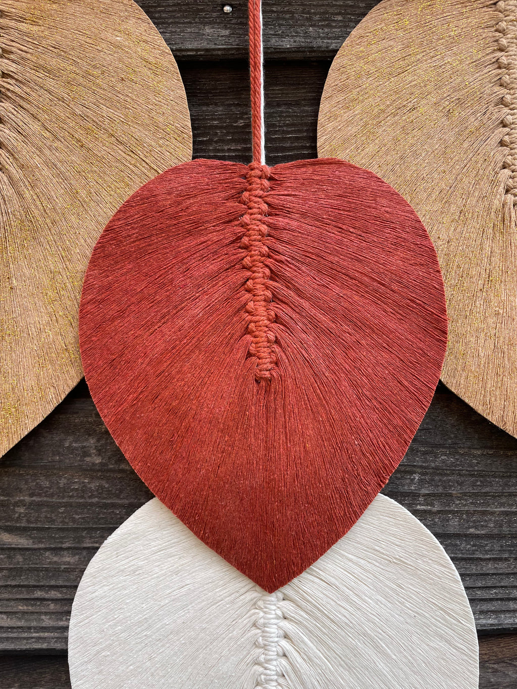 zoom sur une feuille en corde de coton stabilisée couleur terracotta décoration murale