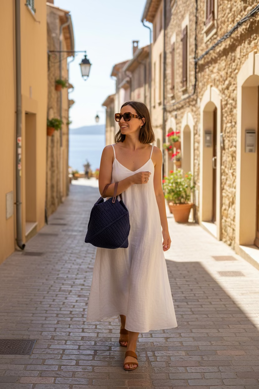 femme qui se balade dans une ville au soleil avec un sac cabas forme carrée au crochet couleur bleue avec anse en faux cuir taille medium